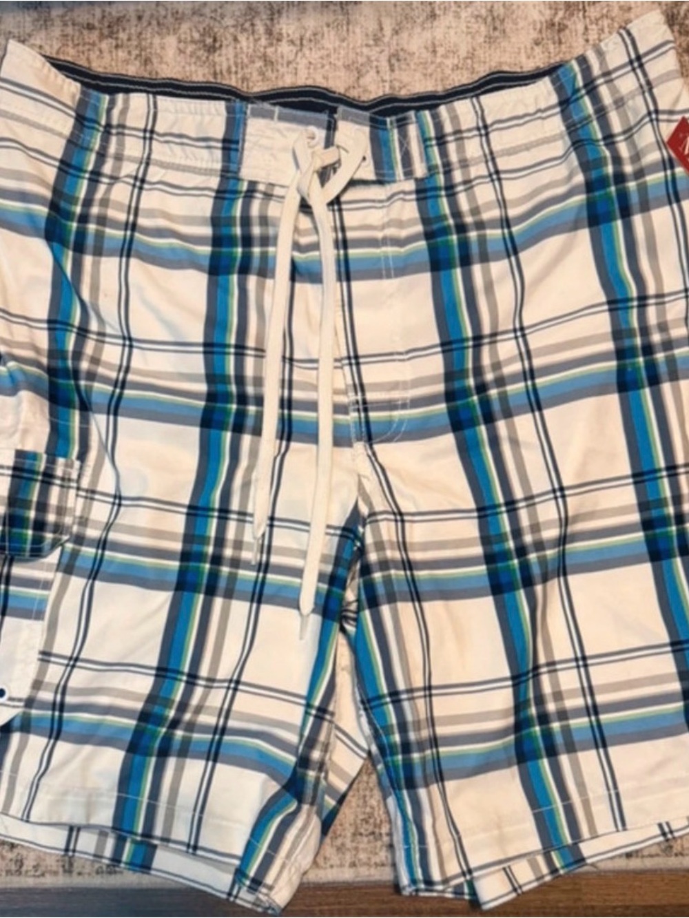 Merona White Plaid Swim Shorts with Blue & Green Stripes